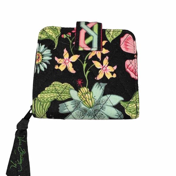 Black Green Pink Flowers VERA BRADLEY Wallet Zip Around Coin Pocket & Snap Tab - Picture 1 of 6